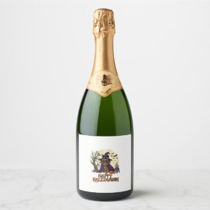 Happy Halloween Pug Witch Hat Cauldron Pumpkins_1 Sparkling Wine Label