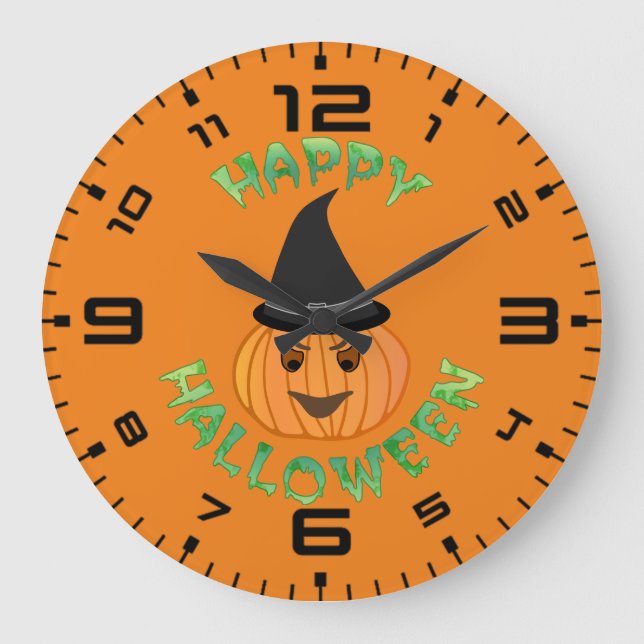 Happy Halloween Pumkin Witch Large Clock (Front)