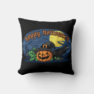 Happy Halloween Pumpkin And Crow Cushion