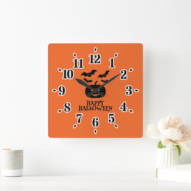 Happy Halloween Pumpkin Bat Minimal Square Wall Clock (Home)
