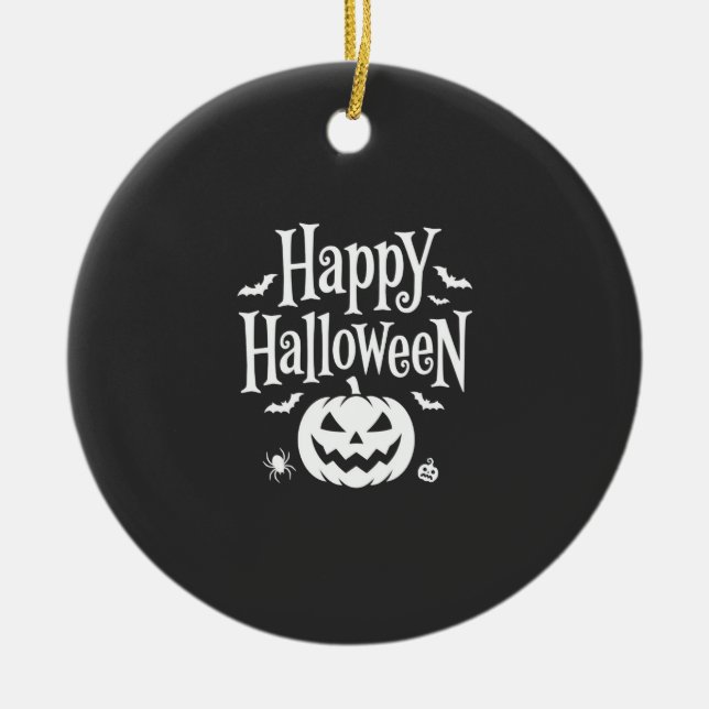 Happy Halloween Pumpkin Bat Spider Design Ceramic Ornament (Front)