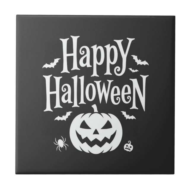 Happy Halloween Pumpkin Bat Spider Design Ceramic Tile (Front)