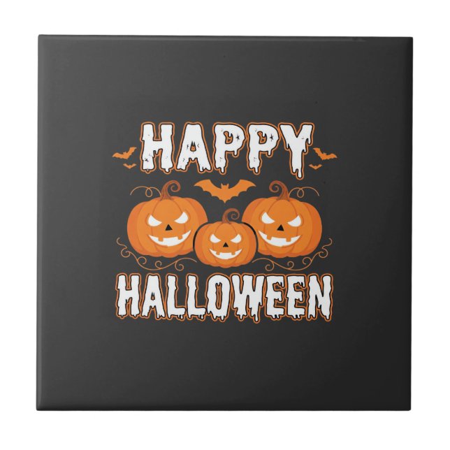 Happy Halloween Pumpkin Bat Vector Ceramic Tile (Front)