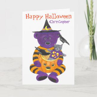 Happy Halloween Pumpkin Bear with Cat and Crows Card