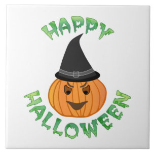 "HAPPY HALLOWEEN" PUMPKIN CERAMIC TILE