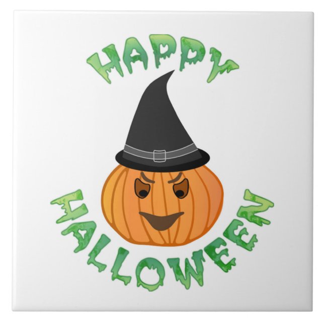 "HAPPY HALLOWEEN" PUMPKIN CERAMIC TILE (Front)