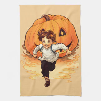 Happy Halloween Pumpkin Chasing Young Boy Tea Towel