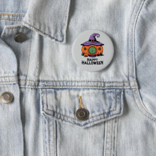 Happy Halloween Pumpkin Cottage & Witch Hat Roof 6 Cm Round Badge