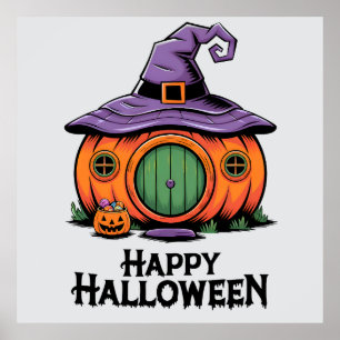 Happy Halloween Pumpkin Cottage & Witch Hat Roof Poster