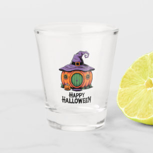 Happy Halloween Pumpkin Cottage & Witch Hat Roof Shot Glass