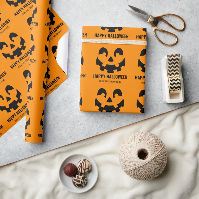 Happy Halloween Pumpkin Face Pattern With Text Wrapping Paper (Crafts)