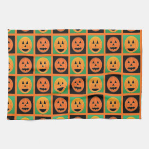 Happy Halloween pumpkin faces Tea Towel
