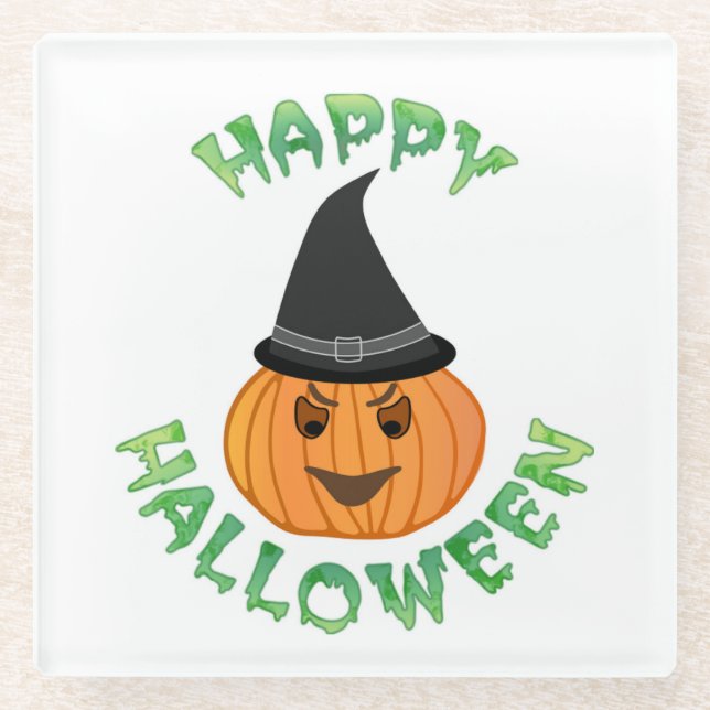 "HAPPY HALLOWEEN" PUMPKIN GLASS COASTER (Front)
