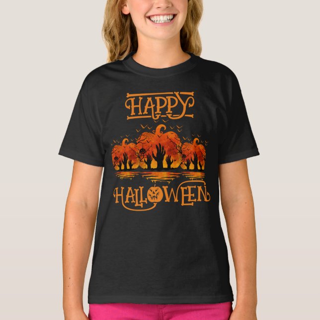 Happy Halloween Pumpkin Hands Bats Cemetery T-Shirt (Front)