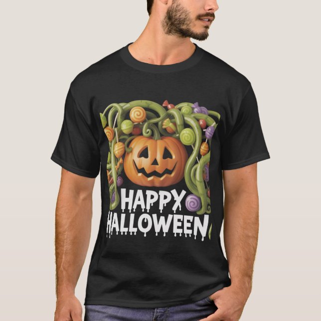 Happy Halloween Pumpkin Illustration with Candy  T-Shirt (Front)