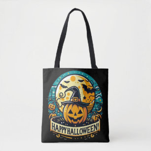 Happy Halloween Pumpkin in Witch Hat Full Moon Tote Bag