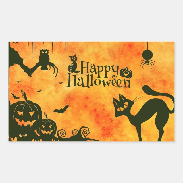 Happy Halloween Pumpkin Jack o Lantern Black Cat Rectangular Sticker (Front)