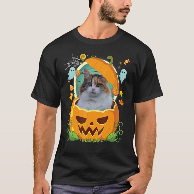 Happy Halloween Pumpkin Manx Cat Witch Cute Hat  H T-Shirt (Front)