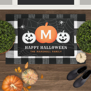 Happy Halloween Pumpkin Monogram Family Name Doormat