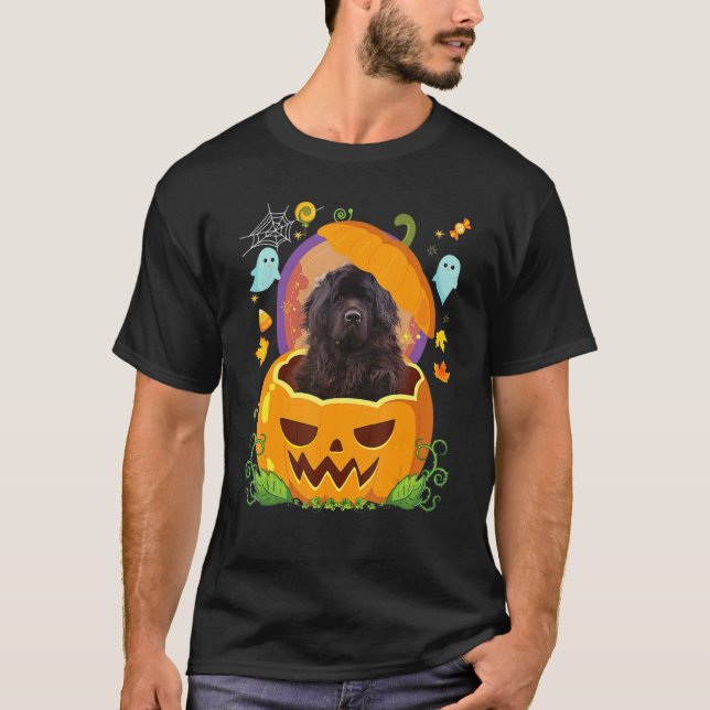 Happy Halloween Pumpkin Newfoundland Dog Witch Cut T-Shirt (Front)