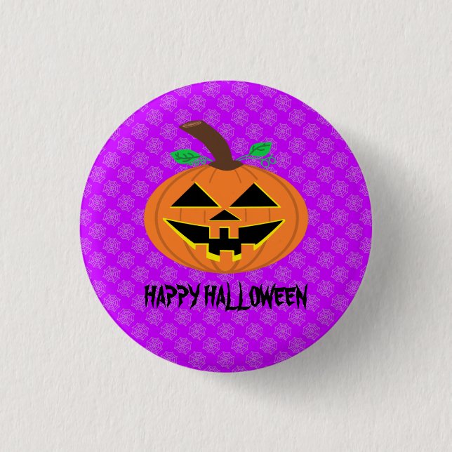 Happy Halloween Pumpkin on Purple Button Badge (Front)