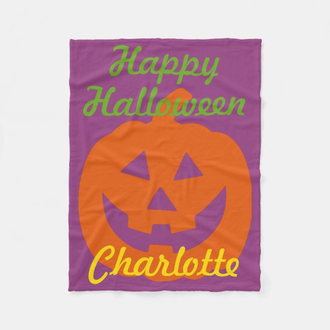 Happy Halloween Pumpkin on Purple Personalised Fleece Blanket (Front)