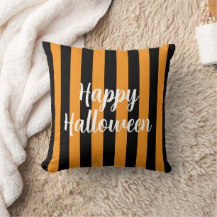 Happy Halloween Pumpkin Orange Black Striped Cushion