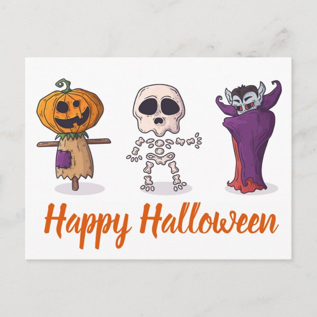 Happy Halloween Pumpkin, Skeleton and Dracula Postcard (Front)
