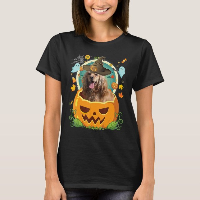 Happy Halloween Pumpkin Spaniel Cocker Dog Witch C T-Shirt (Front)