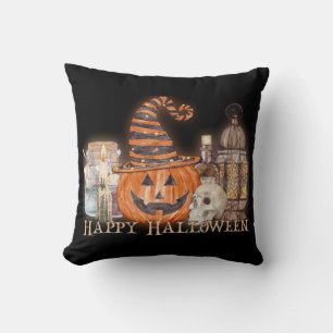 Happy Halloween Pumpkin Watercolor Cushion