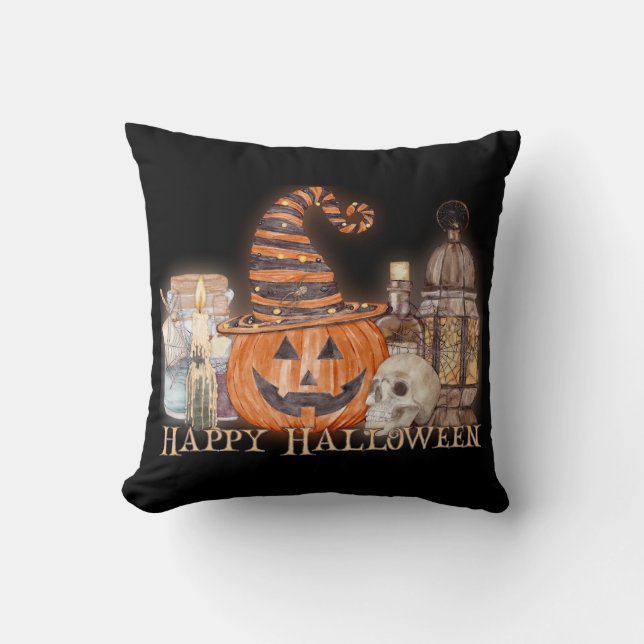 Happy Halloween Pumpkin Watercolor Cushion (Front)