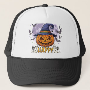 Happy Halloween Pumpkin Witch Hat Bats Full Moon_1