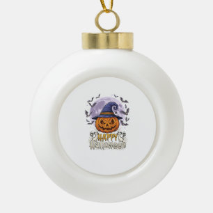 Happy Halloween Pumpkin Witch Hat Bats Full Moon_1 Ceramic Ball Christmas Ornament