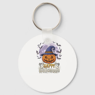 Happy Halloween Pumpkin Witch Hat Bats Full Moon_1 Key Ring