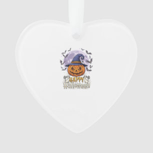 Happy Halloween Pumpkin Witch Hat Bats Full Moon_1 Ornament