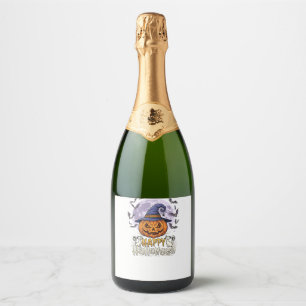 Happy Halloween Pumpkin Witch Hat Bats Full Moon_1 Sparkling Wine Label