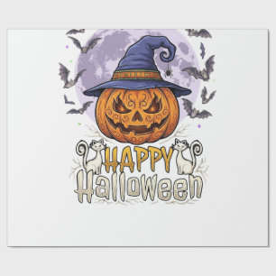 Happy Halloween Pumpkin Witch Hat Bats Full Moon_1 Wrapping Paper
