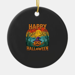 Happy Halloween Pumpkin Witch Hat Full Moon Bats Ceramic Ornament