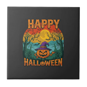 Happy Halloween Pumpkin Witch Hat Full Moon Bats Ceramic Tile