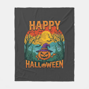 Happy Halloween Pumpkin Witch Hat Full Moon Bats Fleece Blanket