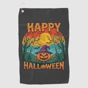 Happy Halloween Pumpkin Witch Hat Full Moon Bats Golf Towel