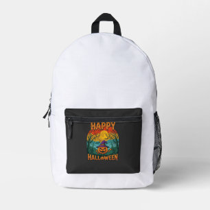 Happy Halloween Pumpkin Witch Hat Full Moon Bats Printed Backpack