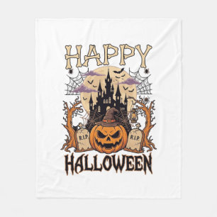 Happy Halloween Pumpkin Witch Hat Haunted Castle M Fleece Blanket