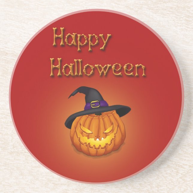 Happy Halloween Pumpkin with Hat Coaster (Front)