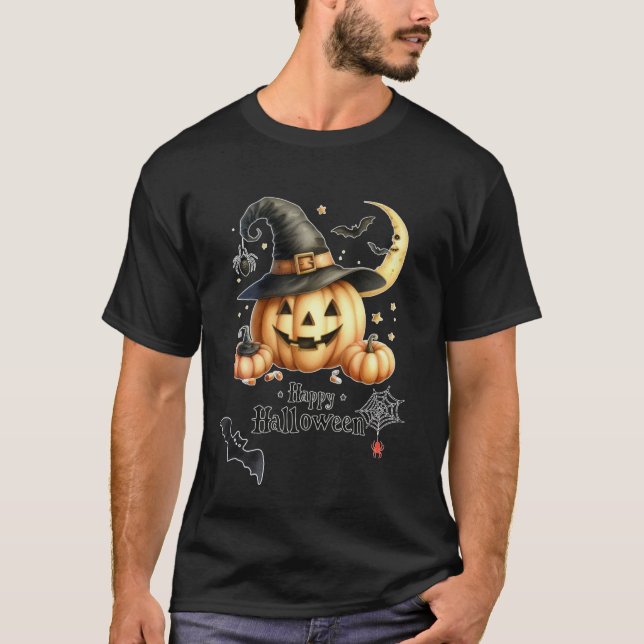 Happy Halloween Pumpkin with Witch Hat T-Shirt (Front)