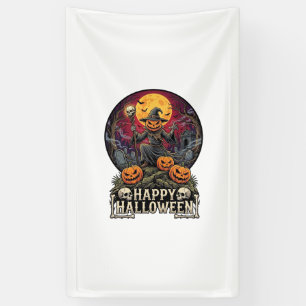 Happy Halloween Pumpkin Wizard Graveyard Full Moon Banner