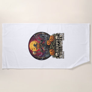 Happy Halloween Pumpkin Wizard Graveyard Full Moon Beach Towel