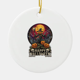 Happy Halloween Pumpkin Wizard Graveyard Full Moon Ceramic Ornament
