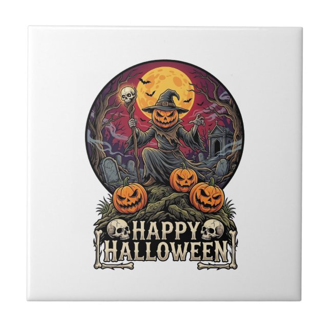 Happy Halloween Pumpkin Wizard Graveyard Full Moon Ceramic Tile (Front)