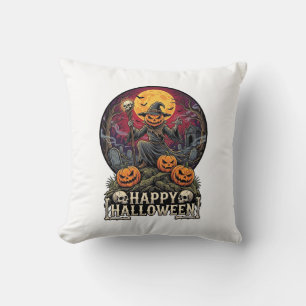 Happy Halloween Pumpkin Wizard Graveyard Full Moon Cushion